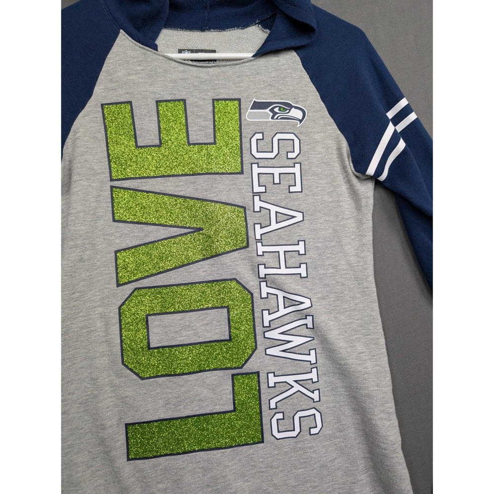 NFL Team Apparel Seattle Seahawks Kids 12/14 Hoodie Gray Navy Blue LOVE Glitter - Picture 3 of 9